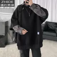 SUNTEK黑暗系男装假两件卫衣男设计感小众上衣潮牌格子日系oversize外套卫衣