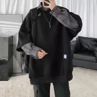 SUNTEK@ 港风chic假两件卫衣男士春季潮流宽松百搭拼接格衣卫衣