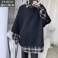SUNTEK温柔系穿搭日式叠穿hiphop卫衣男春秋冬装oversize假两件炸街外套卫衣