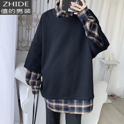 SUNTEK温柔系穿搭日式叠穿hiphop卫衣男春秋冬装oversize假两件炸街外套卫衣