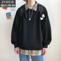 SUNTEK男装学院风假两件休闲卫衣男韩版情侣套头衫衬衫领拼接外套潮卫衣