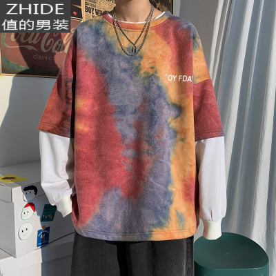 SUNTEK扎染假两件卫衣男外套加大码国潮牌胖子宽松oversize炸街头春季装卫衣