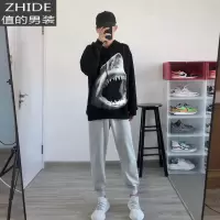 SUNTEK秋冬款社会潮流修身加绒加厚印花连帽卫衣男长袖精小伙潮牌外套卫衣