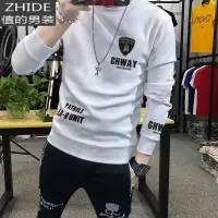 SUNTEK欧洲站潮牌印花卫衣男网红潮流圆领修身秋冬白色加绒加厚内搭上衣卫衣