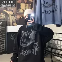 SUNTEK秋季港风卡通涂鸦圆领卫衣男宽松胖子大码内搭打底衫衣服韩版潮流卫衣