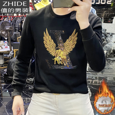 SUNTEK欧洲站2020男士秋冬季新款刺绣休闲加绒卫衣网红潮牌修身长袖T恤卫衣