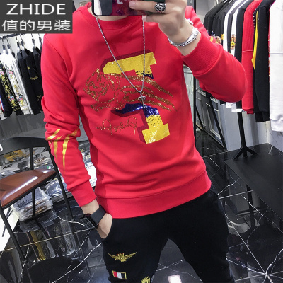 SUNTEK男士烫钻卫衣秋冬款圆领潮牌加绒加厚2020新款欧洲站长袖上衣男潮卫衣