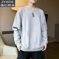 SUNTEK春季男士假两件工装卫衣男无帽潮流圆领外套网红百搭修身春装上衣卫衣