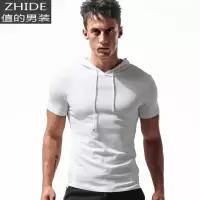 SUNTEK连帽短袖t恤男薄款修身棉韩版潮流带帽卫衣运动上衣服潮牌夏季卫衣