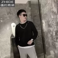 SUNTEK网红同款圆领卫衣男韩版潮流假两件外套原宿风百搭设计感长袖上衣卫衣