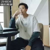 SUNTEK春秋撞色印花假两件卫衣男士潮牌圆领套头衣服宽松外套卫衣
