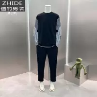 SUNTEK男士春秋新款圆领套头上衣假两件衬衫袖子个性拼接日系卫衣男无帽卫衣