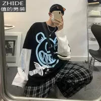 SUNTEK@ 高街假两件长袖t恤港风宽松百搭上衣韩版潮流打底衫T恤