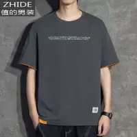 SUNTEK港风潮牌拼接假两件t恤男潮宽松棉短袖撞色简约百搭灰色系上衣T恤