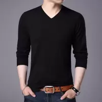 SUNTEK新款男士V领含毛青年色薄款针织衫春秋修身长袖t恤潮流毛衣T恤