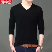 SUNTEK春秋薄款男士长袖T恤v领春装宽松体桖上衣土丅内搭针织打底小衫潮T恤