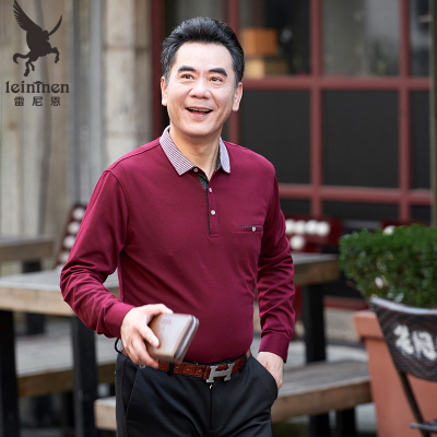 SUNTEK春秋季中老年男士长袖t恤爸爸春装上衣服棉本命年牛红色打底衫T恤