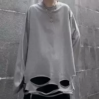 SUNTEK春夏新款韩版宽松高街色内搭长款下摆破洞打底衫长袖T恤男女潮T恤