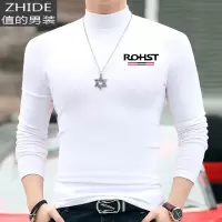 SUNTEK秋冬季白色半高领打底衫男士长袖印花T恤修身棉内搭大码男装潮T恤