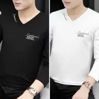 SUNTEK莫代尔男士长袖t恤黑色V领秋季潮流上衣服打底衫内搭秋衣秋装小衫T恤