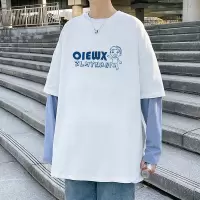 SUNTEK文艺男女店 假两件长袖t恤男宽松港风潮流百搭休闲圆领春秋季上衣T恤