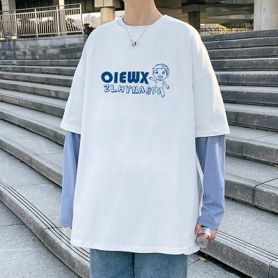 SUNTEK文艺男女店 假两件长袖t恤男宽松港风潮流百搭休闲圆领春秋季上衣T恤