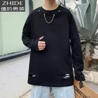 SUNTEK春秋新款韩版潮流棉百搭宽松割破打底衫长袖T恤男士内搭上衣白tT恤