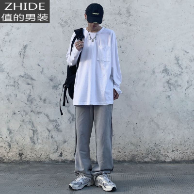 SUNTEKMz oversize宽松下摆撕边高街口袋色长袖T恤男女水洗棉打底衫T恤