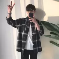 SUNTEK港风日系格子衬衫男士韩版潮流棉内搭长袖衬衣褂子百搭外套春秋衬衫