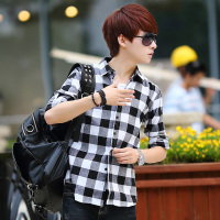 SUNTEK男士秋季黑白格子衬衣外套男长袖很仙的青少年学生韩式衬衫男痞帅衬衫