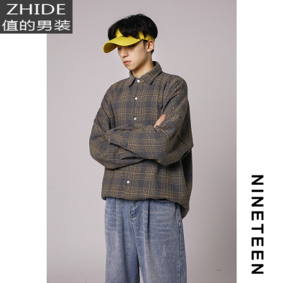 SUNTEK十九秋/ 2019新款秋冬加厚长袖衬衫韩版潮流学生宽松格子衬衣男装衬衫