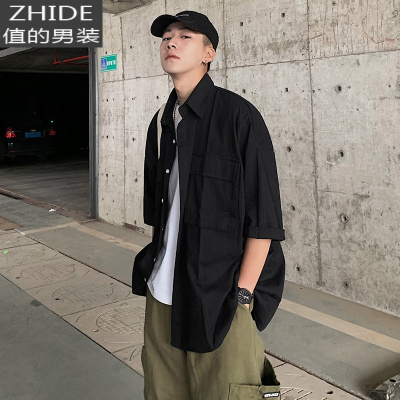 SUNTEK七分袖衬衫男短袖宽松韩版潮流帅气工装痞帅衬衣港风日系休闲外套衬衫