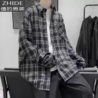 SUNTEK@ 春秋日系潮流格子长袖衬衫外套嘻哈休闲百搭衬衣宽松衬衫