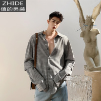 SUNTEK韩版千鸟格衬衫男解构设计简约衬衫绅士立体袖宽松显瘦格子衬衫男衬衫