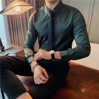 SUNTEK英伦风色衬衫男长袖韩版修身潮流男士商务加绒大码免烫墨绿衬衣衬衫