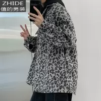 SUNTEK日系风格穿搭豹纹衬衫男设计感小众上衣高级毛呢长袖衬衣炸街外套衬衫