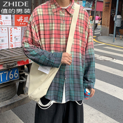 SUNTEK格子长袖衬衫男春秋季港风百搭潮牌渐变衬衣韩版个性潮流休闲外套衬衫
