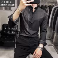 SUNTEK春秋条纹衬衣男长袖韩版修身潮流设计感痞帅发型师时尚休闲衬衫男衬衫