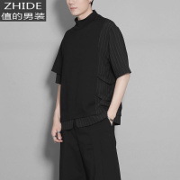 SUNTEK原创男装夏季暗黑港风不规则条纹拼接假两件衬衫半高领t恤男短袖衬衫