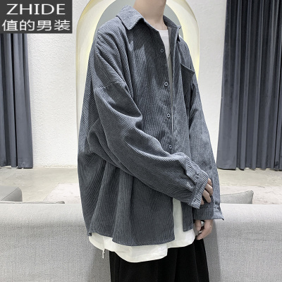 SUNTEK灯芯绒衬衫男长袖韩版潮流内搭上衣黑色chic港风日系帅气休闲外套衬衫