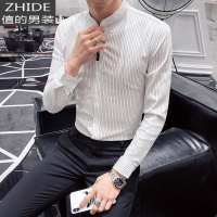 SUNTEK男士立领衬衫长袖韩版潮流春季寸衫个性修身帅气休闲时尚条纹衬衣衬衫