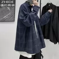 SUNTEK男装潮牌暗黑系格纹衬衫男士潮流百搭宽松长袖衬衣外套寸衫衬衫