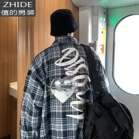 SUNTEK字母格子衬衫男士长袖韩版潮流衬衣春季港风日系寸衫外套衬衫