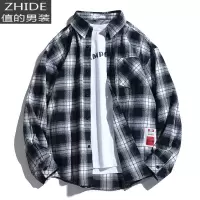 SUNTEK衬衫男长袖春秋宽松韩版潮流贴布寸衫休闲帅气格衣服外套衬衣衬衫