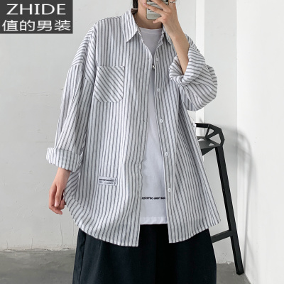 SUNTEK日系小清新蓝白条纹长袖衬衫情侣chic港味潮流宽松竖条长袖衬衫衬衫