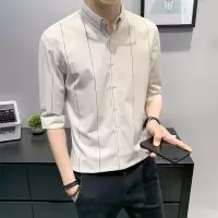 SUNTEK秋季休闲修身衬衫男韩版潮流帅气短袖长袖潮寸衫男士条纹中袖衬衣衬衫