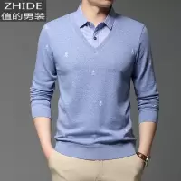 SUNTEK春秋男士假两件衬衫领针织上衣大码中年爸爸装休闲t恤时尚显年轻衬衫