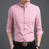 SUNTEK粉色衬衫衣男长袖中年春装薄款上衣土条纹韩版潮流高级感棉衬衣衬衫