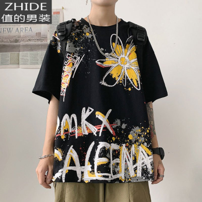 SUNTEK红色短袖T恤男士宽松大码潮牌街头嘻哈涂鸦印花胖子五分袖体恤衫T恤