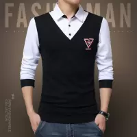 SUNTEK长袖T恤男装春秋假两件衬衫领潮流带领体恤有领冬季加绒衣服秋装T恤